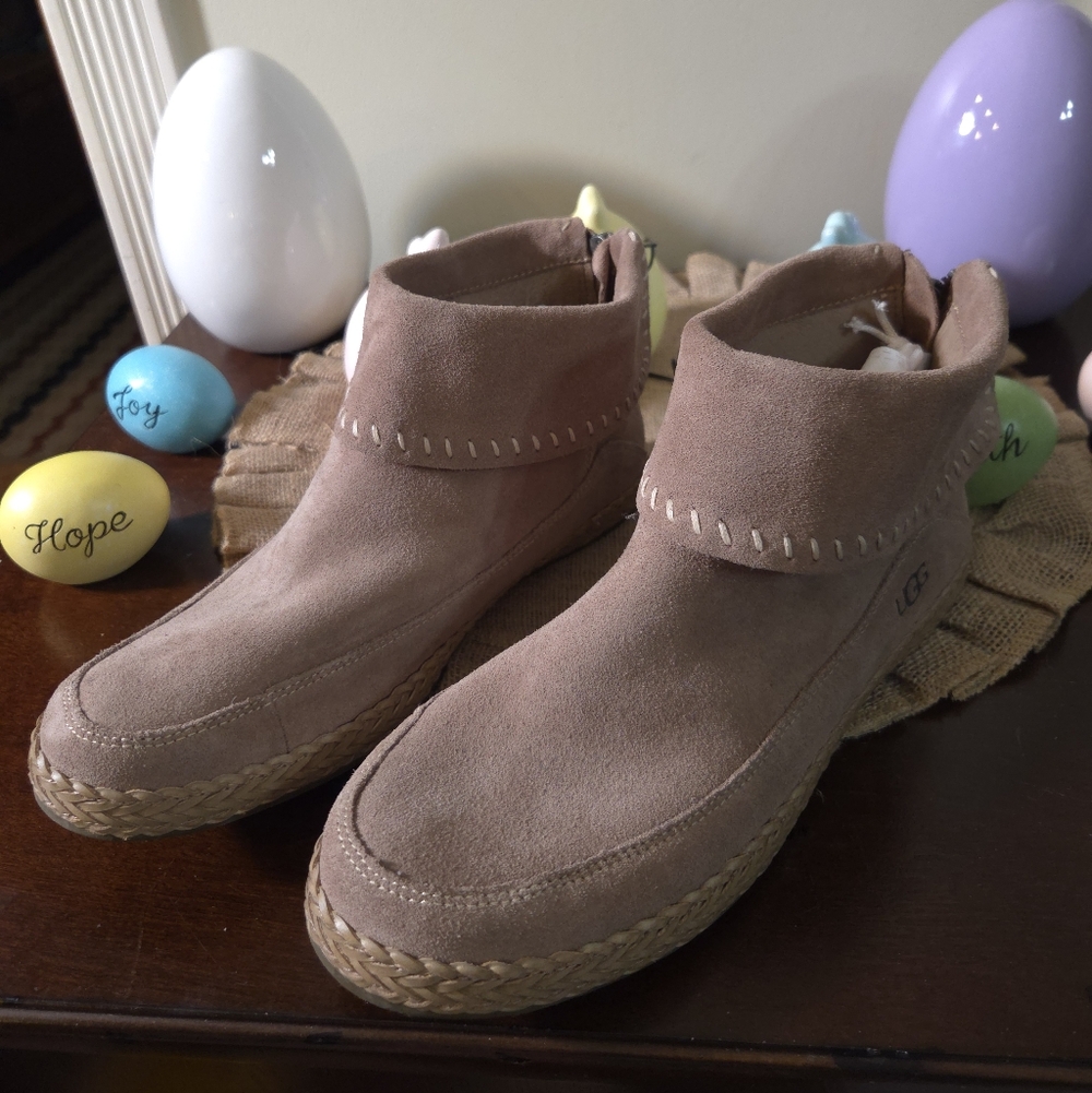 NEW UGG Light Brown Suede Ankle Boots with Braided Sole Size 10